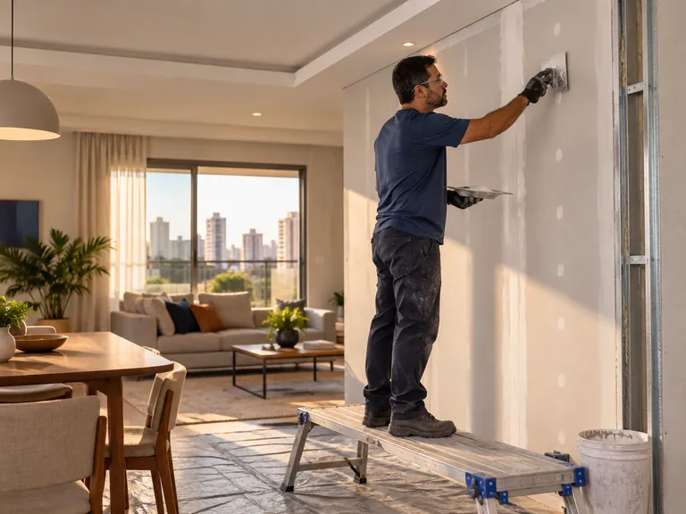 Profissional aplicando massa em junta de drywall junto ao forro de gesso