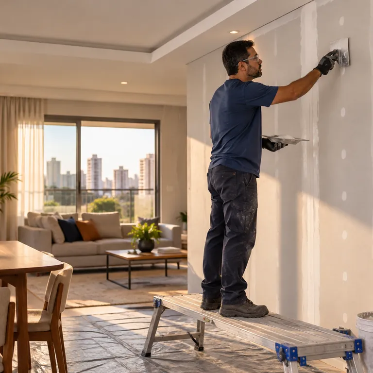 Profissional aplicando massa em junta de drywall junto ao forro de gesso