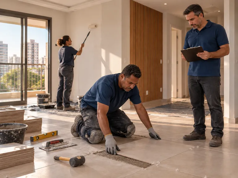 Equipe com uniforme azul trabalhando em porcelanato, pintura e acompanhamento de obra