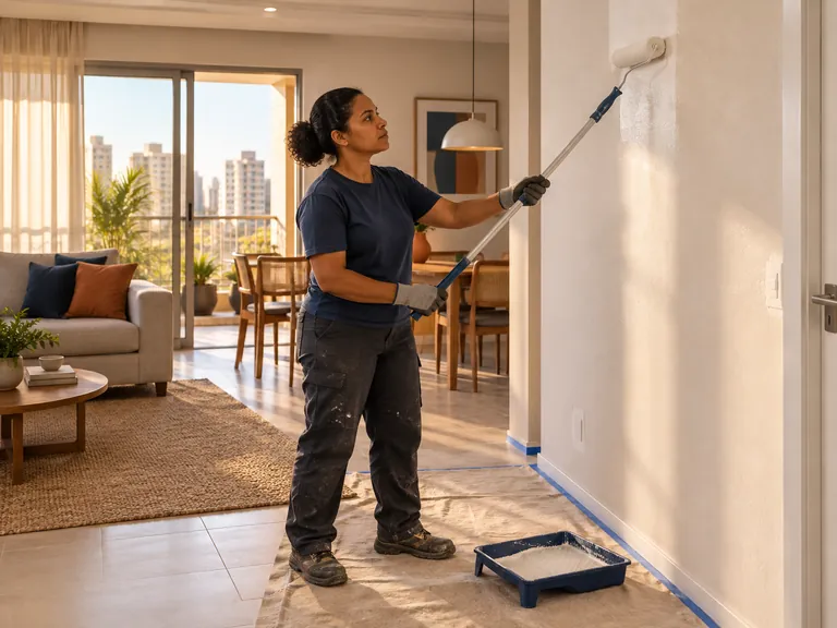 Pintora aplicando tinta com rolo em parede com piso e rodapé protegidos