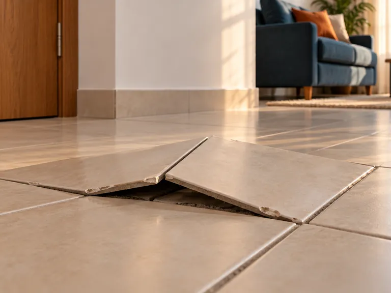 Peças de piso cerâmico levantadas junto a juntas em um apartamento