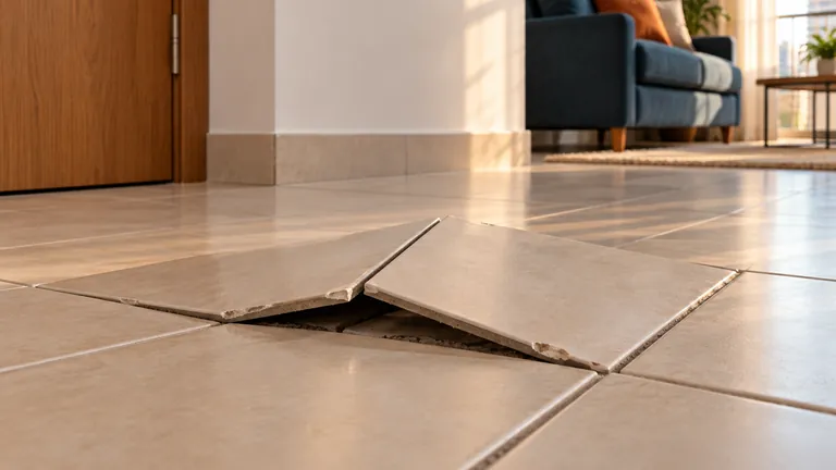 Peças de piso cerâmico levantadas junto a juntas em um apartamento — ilustração do problema, sem representar o caso real