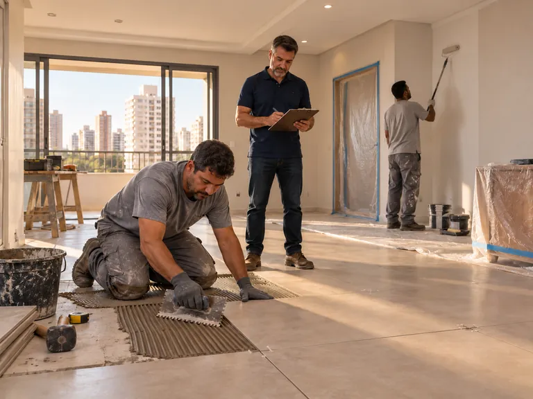 Responsável acompanhando assentamento de piso e pintura em reforma de apartamento