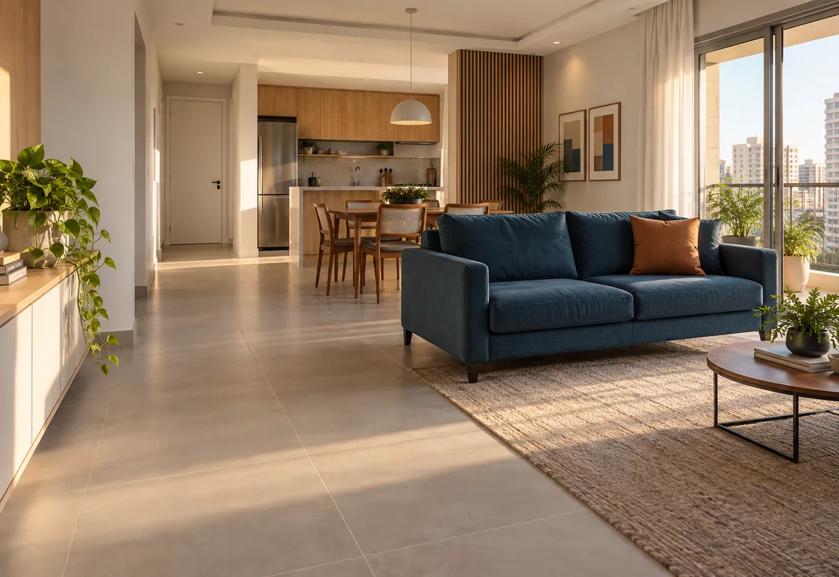 Sala com porcelanato claro, sofá azul e cozinha integrada após reforma residencial